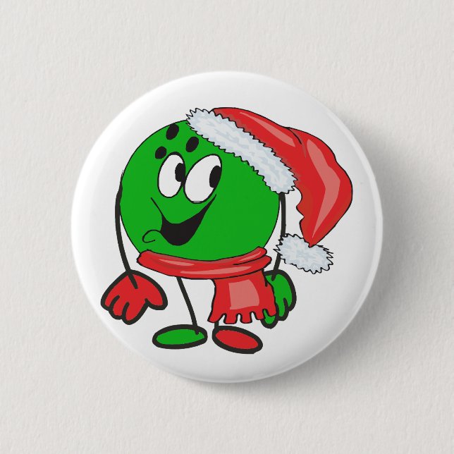 Happy christmas bowling ball wearing a santa cap pinback button (Front)