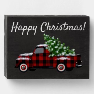 Happy Christmas! Buffalo Plaid Pickup Truck Wooden Box Sign