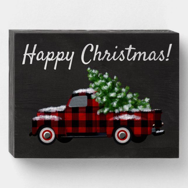 Happy Christmas! Buffalo Plaid Pickup Truck Wooden Box Sign (Front Horizontal)