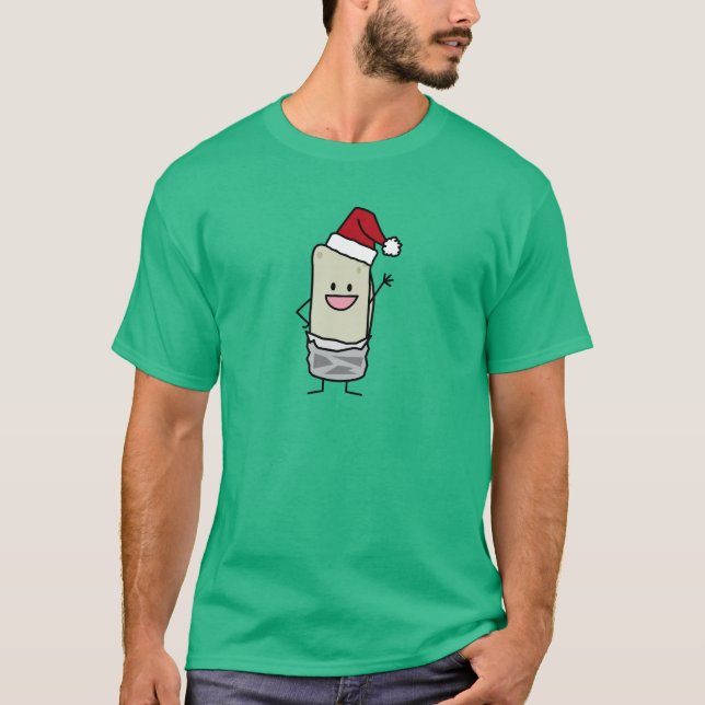 Happy Christmas Burrito Waving Hello Santa Hat T-Shirt (Front)