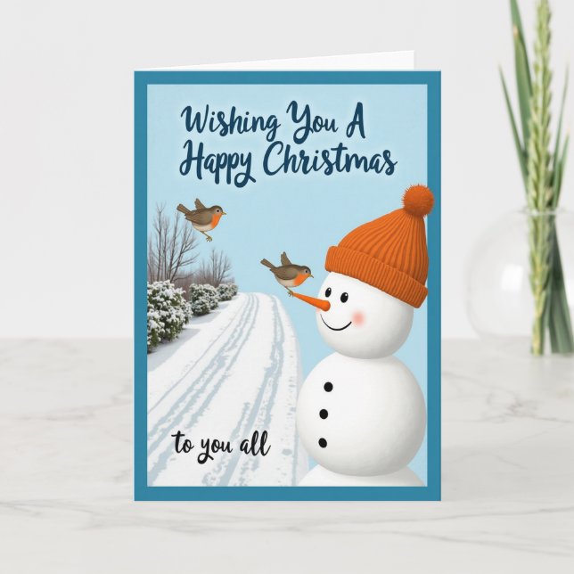 Happy Christmas Card Snowman Bird Winter Scene (Front)