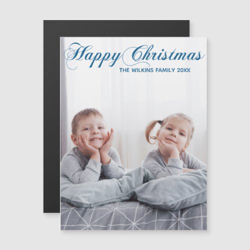 Happy Christmas Chic Blue Script Photo Magnet