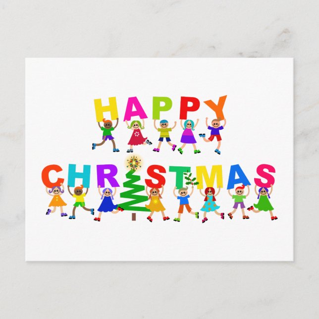 Happy Christmas Cute Cartoon Diverse Kids Text Postcard (Front)