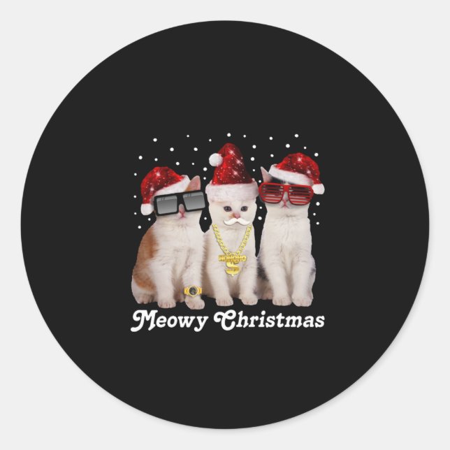 Happy Christmas | Cute Cat With Santa Claus Classic Round Sticker (Front)