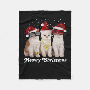 Happy Christmas Cute Cat With Santa Claus Fleece Blanket