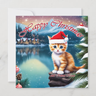 Happy Christmas Cute Kitten giving Kitten Kisses Holiday Card