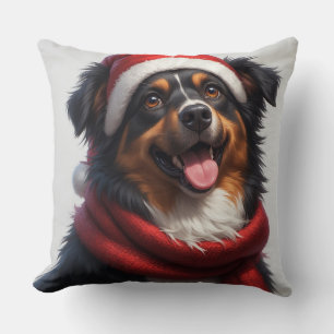 Happy Christmas Dog Portrait in Santa Hat Throw Pillow