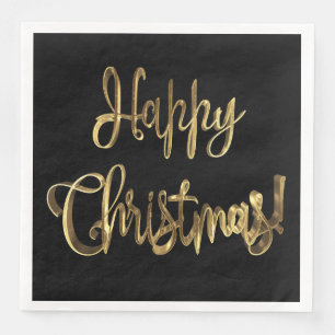 Happy Christmas Elegant Chic Black and Gold Text Paper Dinner Napkins
