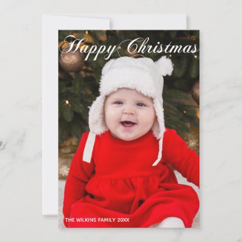 Happy Christmas Elegant White Script Baby Photo Holiday Card