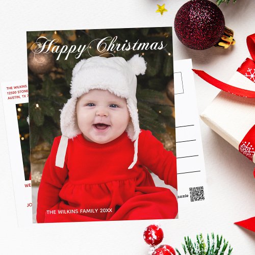 Happy Christmas Elegant White Script Holiday Photo Postcard
