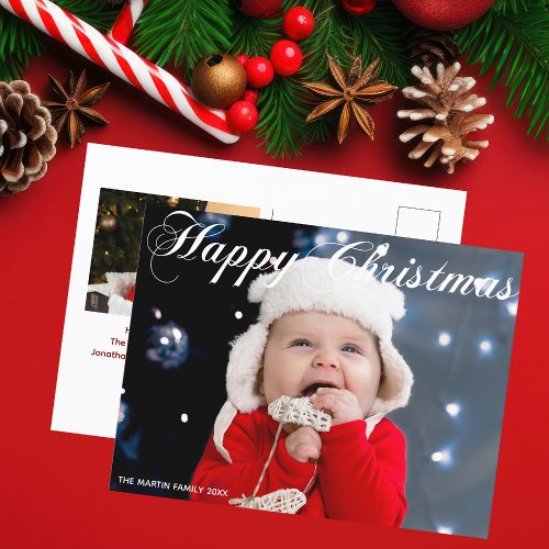 Happy Christmas Family Photo White Cursive Script Postcard