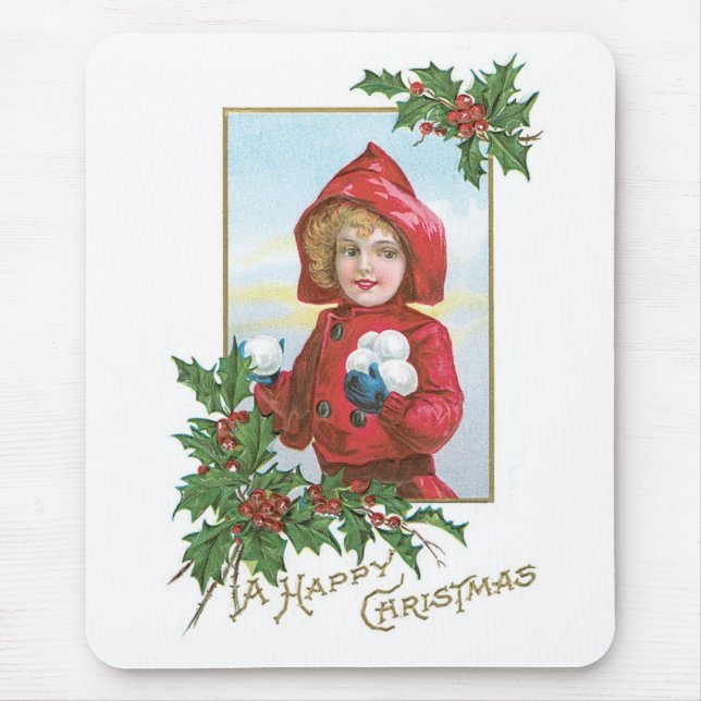 Happy Christmas Girl with Snowballs Mouse Pad (Front)