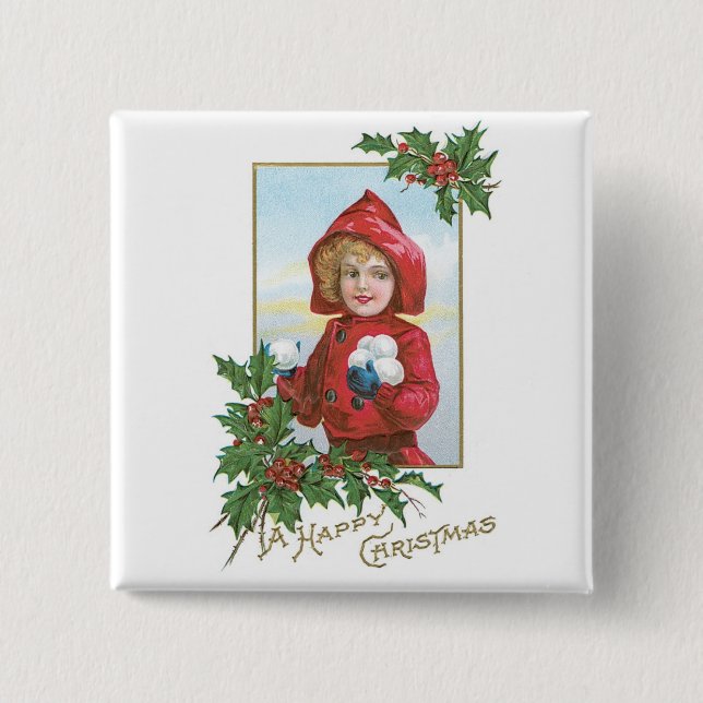 Happy Christmas Girl with Snowballs Pinback Button (Front)