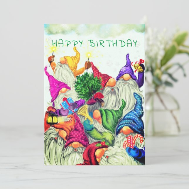 Happy Christmas Gnomes Birthday Card (Standing Front)