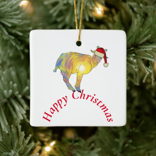 Happy Christmas Goat in Santa hat  Ceramic Ornament