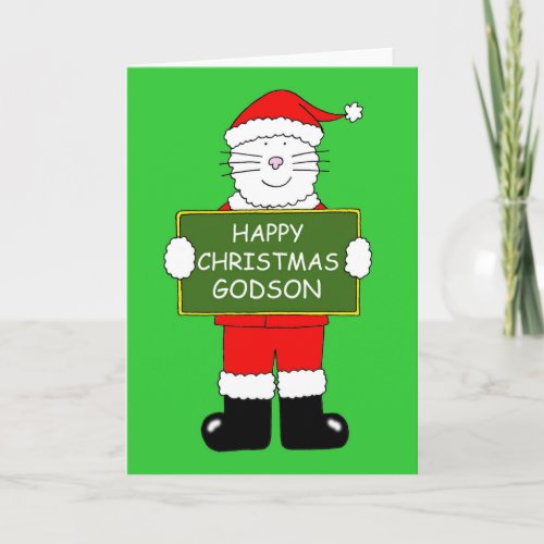 Happy Christmas Godson Cartoon Cat in Santa Outfit Card