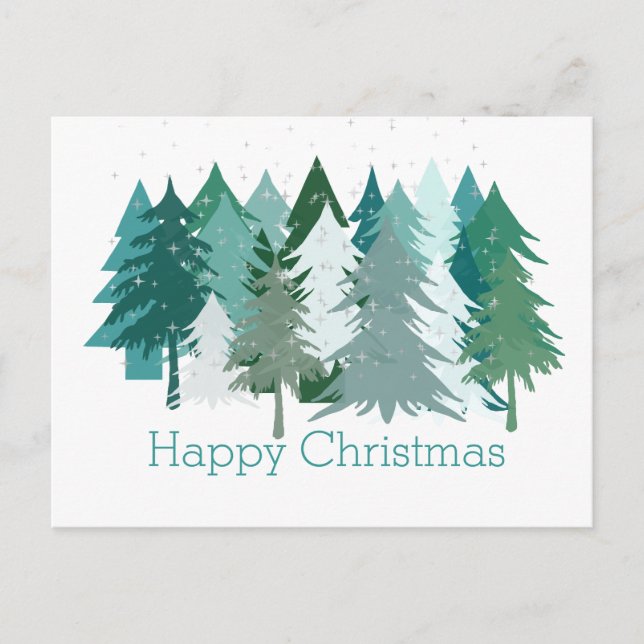 Happy Christmas Green Trees & Stars Canadian Holiday Postcard (Front)
