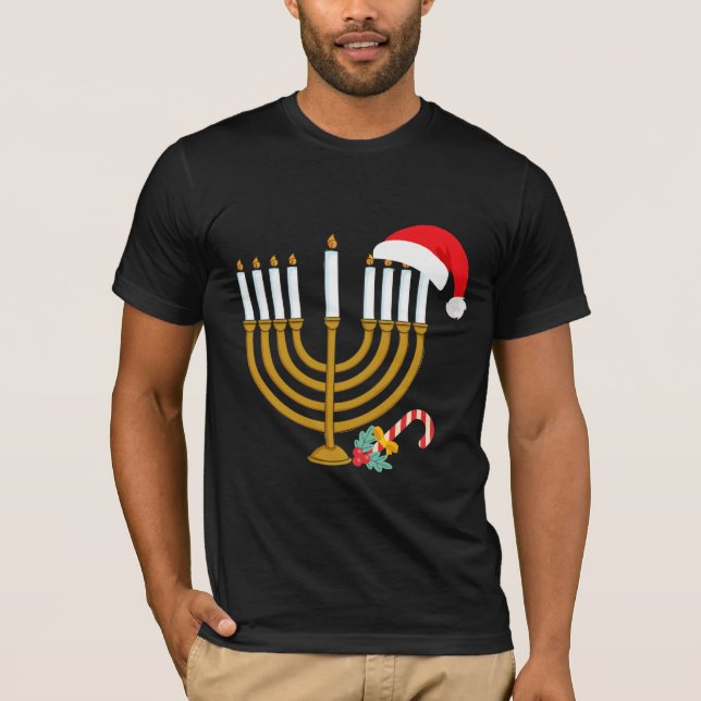 Happy Christmas Hanukkah Santa Hat Jewish Menorah T-Shirt (Front)