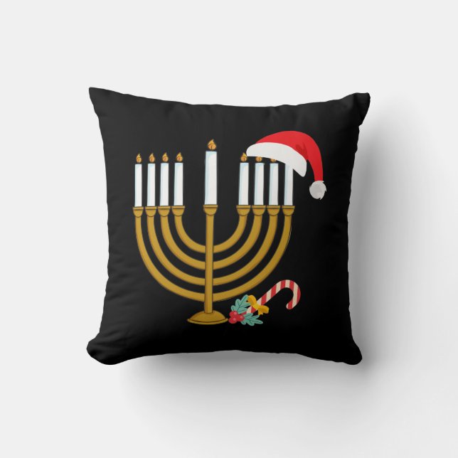 Happy Christmas Hanukkah Santa Hat Jewish Menorah Throw Pillow (Front)