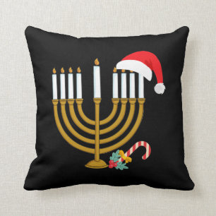 Happy Christmas Hanukkah Santa Hat Jewish Menorah Throw Pillow