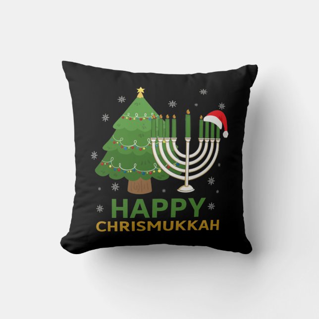 Happy Christmas Hanukkah Santa Tree Jewish Menorah Throw Pillow (Front)