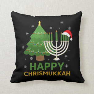 Happy Christmas Hanukkah Santa Tree Jewish Menorah Throw Pillow