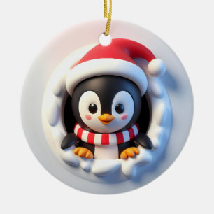 Happy Christmas Holiday Penguin Bursting Out Ceramic Ornament