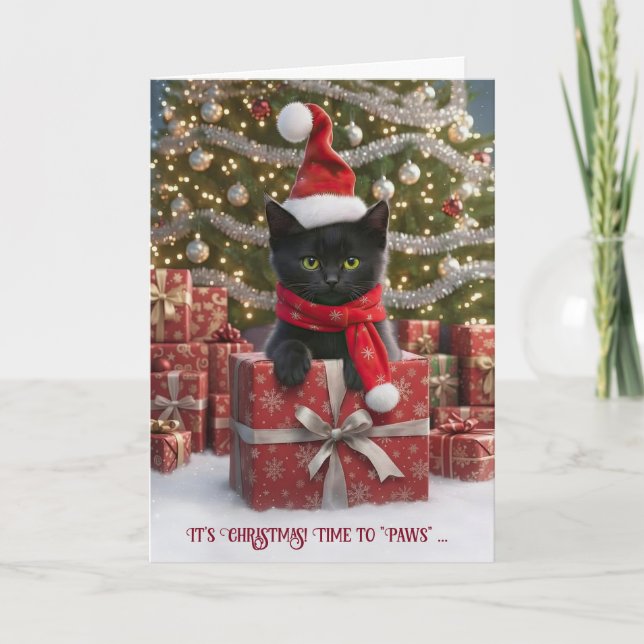 Happy Christmas Holidays Cute Black Cat  Card (Front)