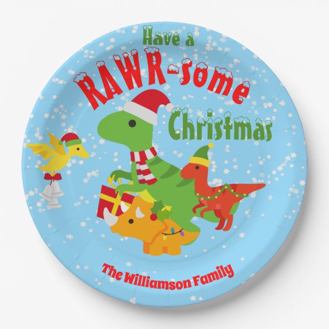 Happy Christmas Holidays Dinosaurs Paper Plates (Front)
