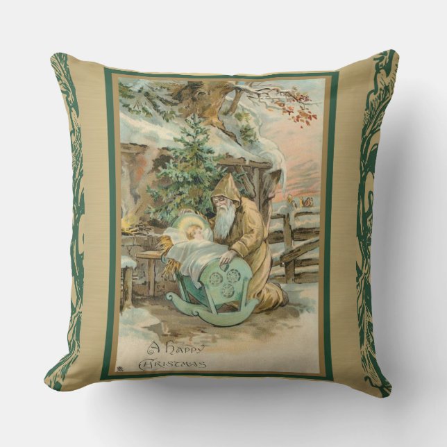 Happy Christmas Jesus Santa Claus Manger Throw Pillow (Front)