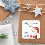 Happy Christmas Kids Name Love Santa Square Sticker<br><div class="desc">Happy Christmas Love Santa stickers for kids gifts,  personalized with your child's name. The wording is lettered in whimsical typography and is fully editable. Cute watercolor illustration of Santa Claus.</div>