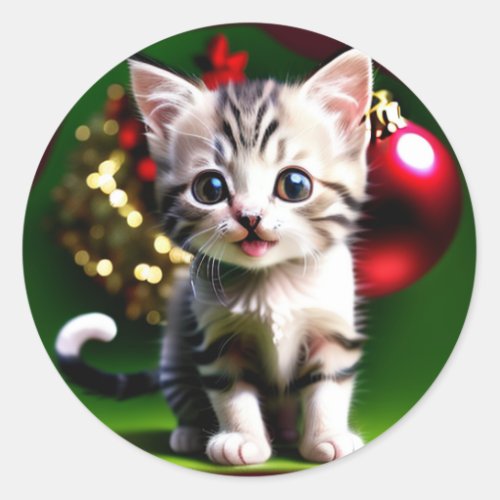 Happy Christmas Kitten on green background Classic Round Sticker