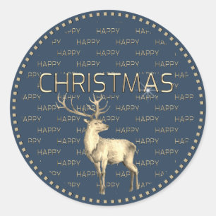 Happy Christmas Magical Stag Metallic Gold British Classic Round Sticker