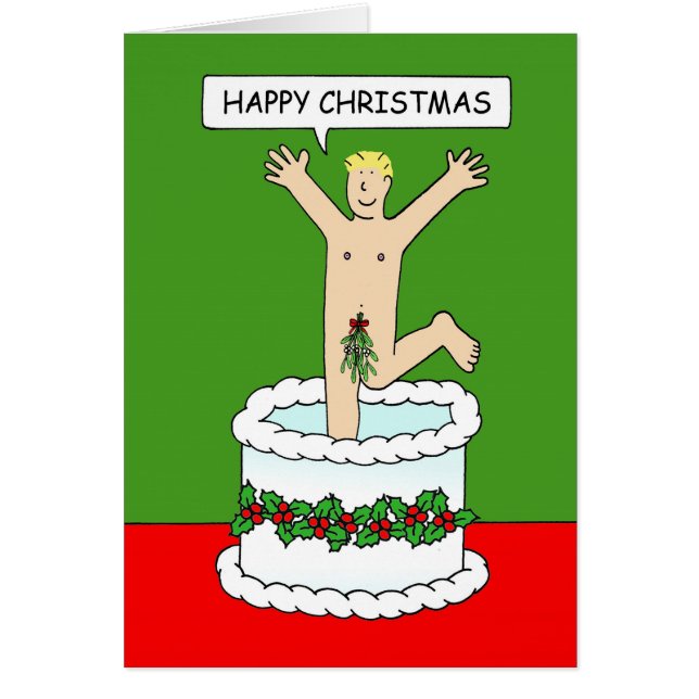 Happy Christmas Man Jumping From a Cake Cards (Front)