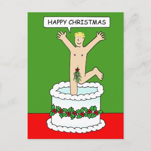 Happy Christmas Man Jumping From a Cake Postcard