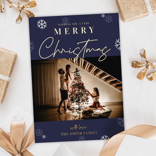 Happy Christmas Navy Festive One Family Photo Foil Holiday Card