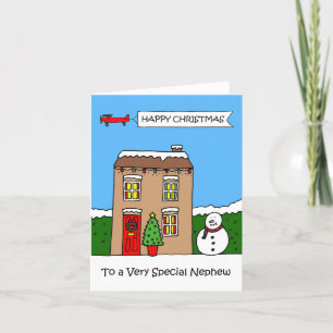 Happy Christmas Nephew Cartoon House Holiday Card