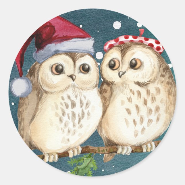 HAPPY CHRISTMAS OWL CLASSIC ROUND Sticker (Front)