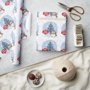 Happy Christmas Penguin and Snowflakes Wrapping Paper