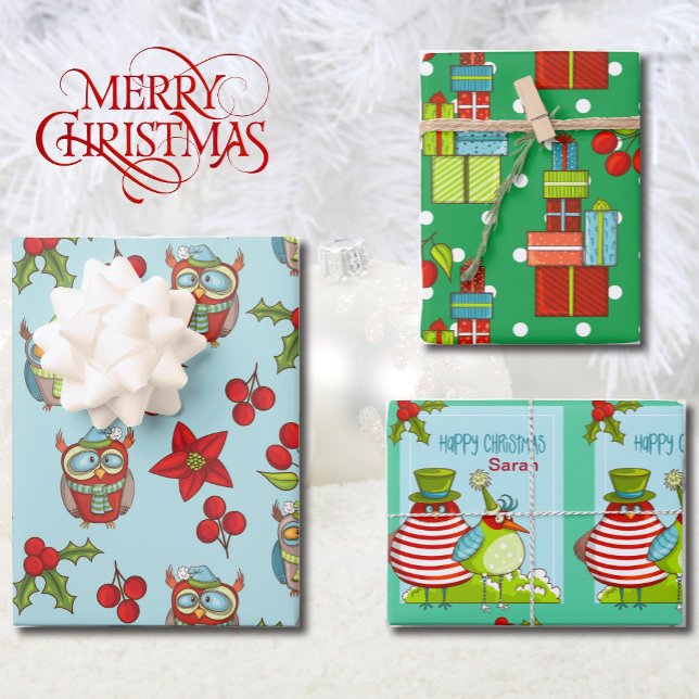 Happy Christmas Personalize Name Quirky Bird 3 Wrapping Paper Sheets (Creator Uploaded)