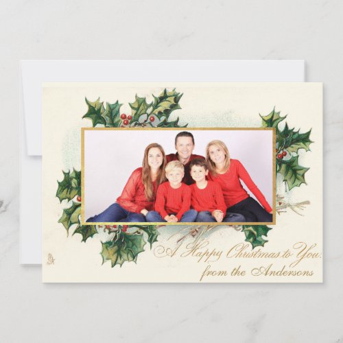 Happy Christmas Photo Vintage Holly  Calligraphy Holiday Card