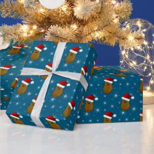 Happy Christmas Potato Ocean Blue Wrapping Paper