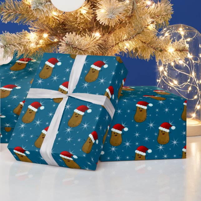 Happy Christmas Potato Ocean Blue Wrapping Paper (Holidays)
