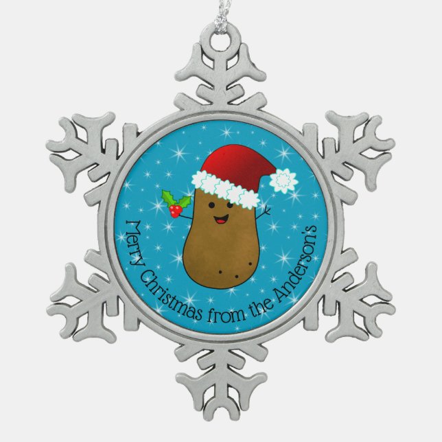 Happy Christmas Potato Personalized Snowflake Pewter Christmas Ornament (Front)