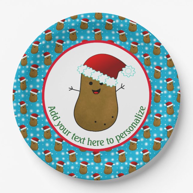 Happy Christmas Potato Wearing A Santa Hat Paper Plates (Front)