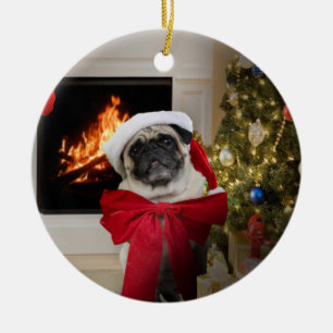 Happy Christmas Pug Misha with Bow Ceramic Ornament
