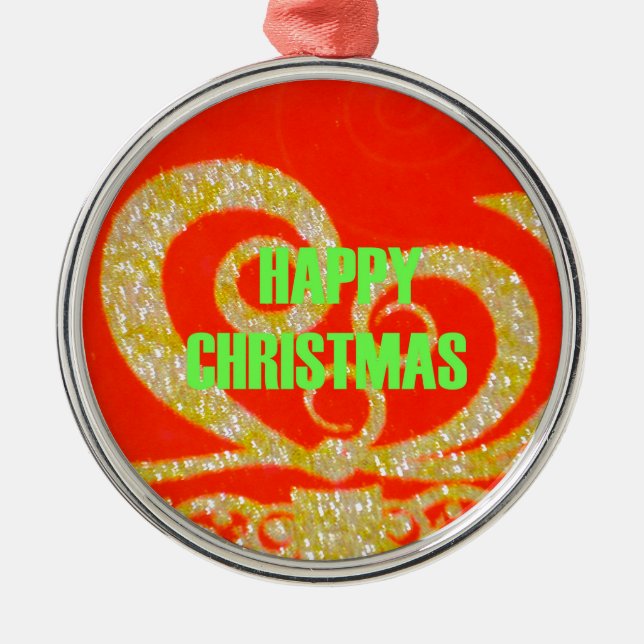 Happy Christmas Red and Gold Collection. Metal Ornament (Front)