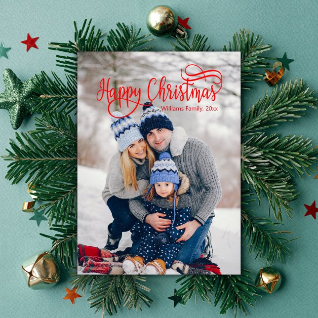 happy christmas red calligraphy family photo chic  note card (Creator Uploaded)