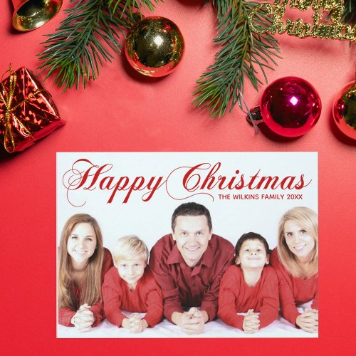 Happy Christmas Red Elegant Cursive Script Photo Holiday Card