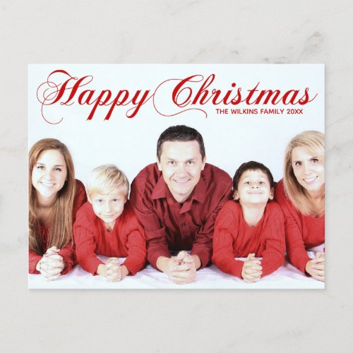 Happy Christmas Red Elegant Cursive Script Photo Postcard